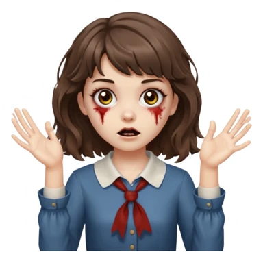 Cabelo ondulado  um pouco cheio e franja curta  Olhos marrons e pequenos e feita d ezumbi mais bonita com cabelo amarro na e com as mãos assim tipo assim🧟‍♀️ sticker