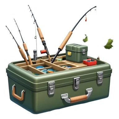 Icon for Fishing: a boat on the shore of a peaceful water body with a beautiful natural landscape, a fishing tackle box, a spinning rod. The icon should capture the tranquility and gear of a fishing adventure. Without frame. Transparent background. sticker
