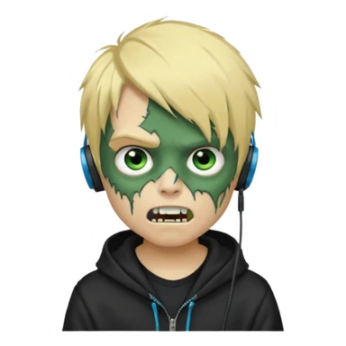 boy zombie whit blonde emo hair and eyes blue and GREEN SKIN and heandphones black AND A MICROFONE AND GOLD TEETH and agesive face and the hoodie black  sticker