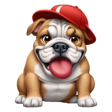 English bulldog with blue eyes tearing up a red baseball hat sticker