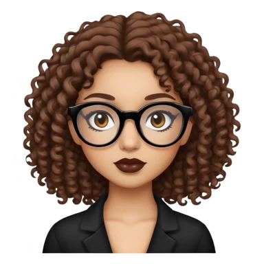 Uma menina de cabelo cacheado castanhos e branca com olhos castanhos escuro e de óculos preto e com maquiagem sticker