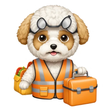 white maltipoo with construction vest and lunch box sticker