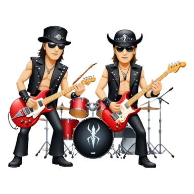 Icon for Rock Music: Scorpions live concert on stage with electric guitars, drums, and a powerful spotlight. Klaus Meine at the microphone, Rudolf Schenker and Matthias Jabs playing guitars, dynamic stage presence, and electric energy. Transparent background. sticker