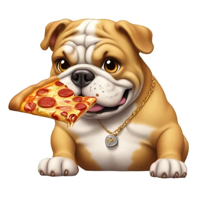 A bull dog eating pizza and wearing a golden chain sticker