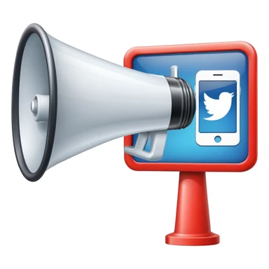 An icon featuring a megaphone, a billboard, and social media icons, symbolizing advertising and public relations. The design includes a press release and a rising graph, representing brand promotion and communication strategies. Transparent background highlights media influence and outreach. sticker