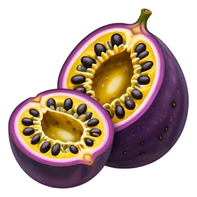 whole round purple passion fruit with slightly wrinkled matte skin next to a halved piece exposing vibrant yellow pulp filled with glossy black seeds juicy jelly-like texture bold contrast between rind and interior no leaf spoon or extras soft lighting subtle shadows emoji scale sticker