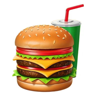 A clean and simple icon of fast food in emoji-style illustration. A burger with fries and a soda cup, bright and bold colors, simple shapes, flat design, high contrast, inviting and appetizing. sticker