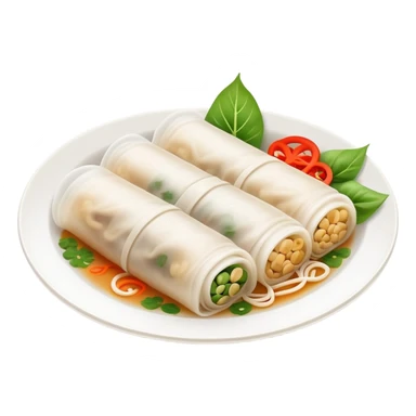 Hangzhou Pian Er Chuan thin rice noodle rolls with fillings, simplified emoji style with bold outlines and bright colors, cartoon style Zhejiang specialty resembling Cheung Fun sticker