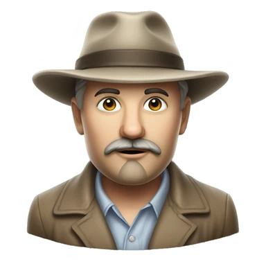 Photorealism A plump man of Slavic appearance with litle eyes with a goatee beard and mustache, wearing a fedora hat, big detailed face, wrinkled face sticker
