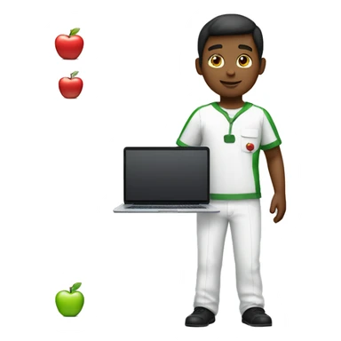 Full body white boy, wearng the apple uniform, and holdin a laptop with apples T&C's sticker