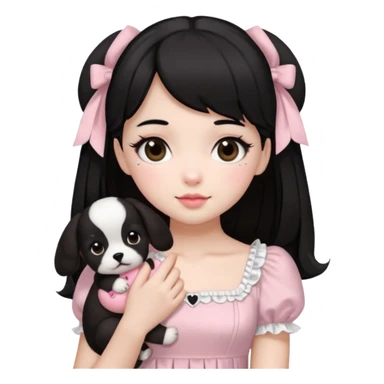 sweet lolita black hair brown eyes white skin light pink dress holding a shizu black and white puppy emoji created using Al. Copy and paste sweet lolita blond hair blue eyes white skin light pink dress emoji sticker