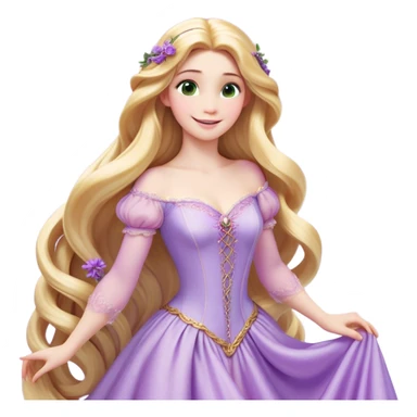 Cinematic Realistic Rapunzel Portrait, with porcelain-like skin featuring a subtle, natural glow, illuminated by soft lighting that brings out the gentle contours of her face. Her long, golden blonde hair cascades in detailed waves, each strand highlighted with a radiant shimmer as it catches the light. Her bright, expressive green eyes exude curiosity and warmth, framed by delicate lashes and soft, arched brows. Her expression is playful and vibrant, with a gentle smile. She is dressed in her classic lavender and pink gown, the fabric textured with delicate folds that flow naturally, catching the light with a soft, radiant glow. The portrait captures a luminous, enchanting aura, seamlessly blending realism with a whimsical, fairytale charm, evoking a timeless sense of beauty and magic. sticker