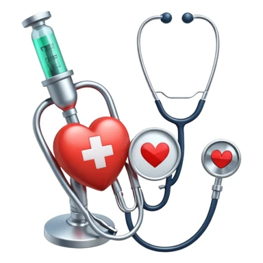 An icon featuring a stethoscope, a medical syringe, and a heart, symbolizing medicine. The design includes a caduceus, a first aid kit, and a microscope, representing the study of health, diagnosis, and treatments. Transparent background highlights the science of medical care and healing. sticker