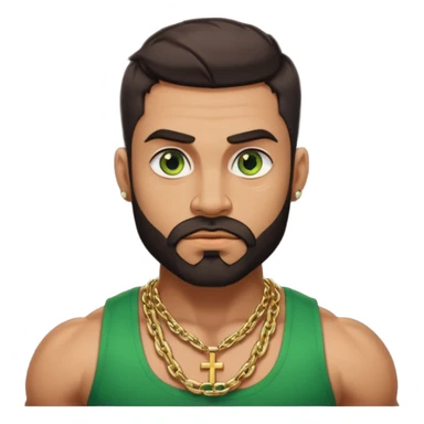 green eyes, dark short hair, muscular shoulders, wide cross, gold chain, big lips big nose big eyes, masculine good looking, dark beard, muscular strong looking sticker