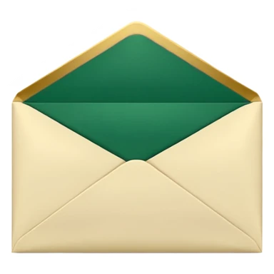 3D minimal open envelope with paper sliding out, matte finish, deep green (#0B3D2C) envelope, cream (#F5F5DC) paper, subtle gold (#C9B037) edge, Apple style, ultra clean, soft shadow, transparent background sticker