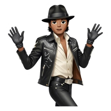 Icon for R&B Music: Michael Jackson in his signature black fedora, sparkling glove, and leather jacket, striking his famous moonwalk pose. Musical notes float around him, symbolizing the soulful and rhythmic essence of R&B. Transparent background. sticker