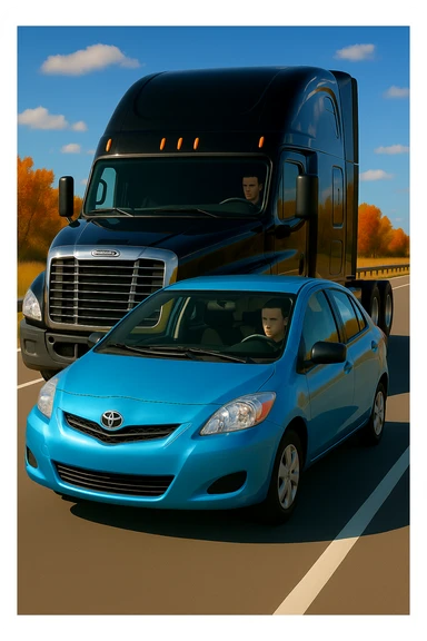 Remove the word 'move' from the car. Keep the scene bright and vibrant, featuring a black semi truck without a trailer and a person inside the car. Maintain the overall vibrant and bright atmosphere. sticker