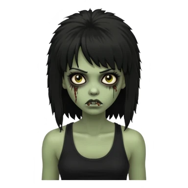 a female zombie with sage green skin, black long afro afro hair with bangs, and a black tank top  sticker