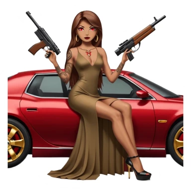 Lilith tan skinfemale red eyes symbol. Tattoo arms. Her hair is brown straight long hair.wearing sexy long elegant dress with slit. black stiletto thick platform high heels shoes on. Sitting on gold giant luxury car with cash inside . She is holding a sniper rifle in one hand cash in other hand sticker