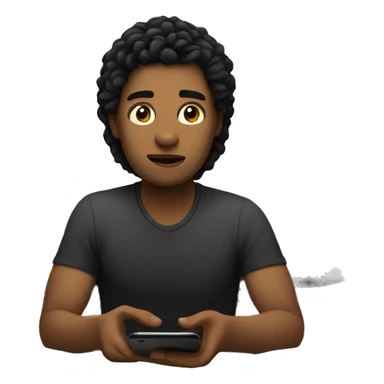 A white person with black hair sits on the edge of a bed, focused on their phone in a dimly lit room sticker