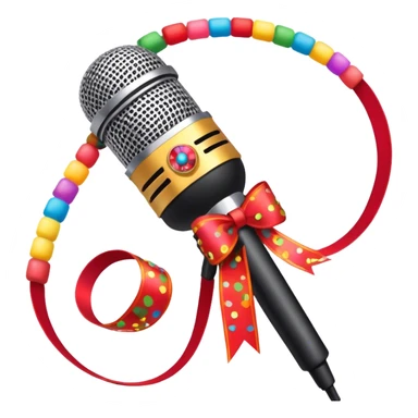 Create a vibrant and dynamic emoji that represents pop vocal performance without people. The design should feature a close-up of a classic stage microphone (retro-style) with a lanyard, set against a stage background. Add concert lighting, a celebratory salute of confetti or fireworks in the background, and musical notes forming a ribbon, symbolizing the performance and creativity of pop vocals. Include subtle elements like a formal stage costume to emphasize the professional aspect. Use bright, bold colors like gold, red, and neon to reflect the energetic and glamorous nature of pop vocal performance. The background should be transparent. sticker