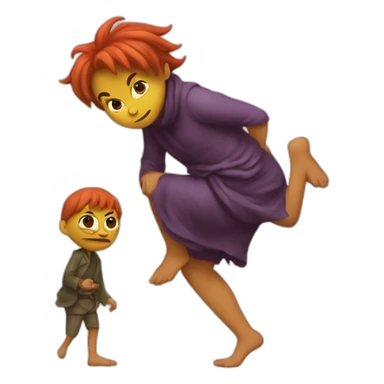 A little imp sneaks on tiptoe with a disgruntled face and carries a woman's leg sticker
