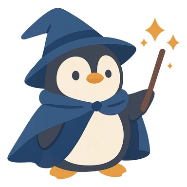 flat toon style penguin wizard with a cape and magic sparkles sticker