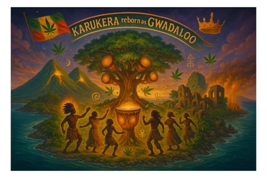 Create a powerful, surreal vision of the Caribbean island Guadeloupe, reimagined as ‘Guadeloupe' — its sacred, sovereign identity restored. The island is lush, tropical, and volcanic, with two green volcanoes glowing golden at the peaks. In the center stands a giant mystical Drum Tree, its branches bearing carved drums instead of fruit, glowing with rhythmic light. Ancestral spirits of African and indigenous lineage dance in a circle around the tree, surrounded by floating ganja leaves and sacred symbols. Sugarcane fields burn gently in the background, symbolizing the end of colonial suffering. Ruins of colonial buildings crumble into the earth, reclaimed by vines and jungle. Above the island, a glowing banner in the sky reads: ‘Karukera reborn as Gwadaloo.’ A ganja-leaf flag waves high in red, green, and gold, and a golden Creole crown floats in the sky above the island — not worn by any man, but held in rhythm. The ocean is turquoise, the light is divine, and the entire scene radiates spiritual victory, cultural remembrance, and cosmic rhythm. Use a warm, cinematic palette of golds, greens, blues, and purples. Style should feel epic, sacred, and symbolic — a rebirth of Caribbean power. sticker