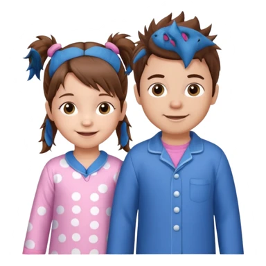 A toddler girl with brown hair with two pig tails, wearing pink pajamas and a bigger 4 year old boy with spikey brown hair, wearing blue pajamas. Both light skin and smiling.  sticker