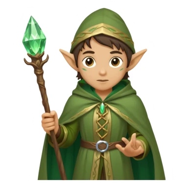 {
      "type": "human",
      "look": "forest elf mage, green cloak, wooden staff, glowing crystal tip",
      "description": "a forest elf mage in green cloak holding a wooden staff with a glowing crystal tip"
    } sticker