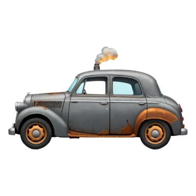 Side view of a broken-down old car with steam from the open bonnet, shattered windows, rusted doors, a flat tire, dents, peeling paint, and a grimy, neglected look. sticker