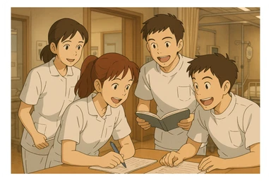 Quatre étudiants infirmiers en intérieur, style Ghibli, travaillant en collaboration et en interaction. Uniformes blancs à manches courtes, hauts type tunique médicale avec col en V et poche poitrine à gauche, pas de pied de col, pas de stéthoscopes, avant-bras nus, cheveux longs attachés pour celles qui en ont. Ambiance chaleureuse, dynamique, décor intérieur d'hôpital ou de centre de soins. sticker