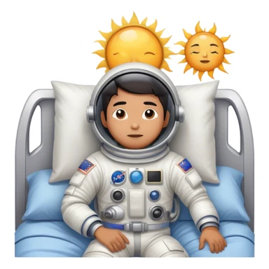 Asian man wearing in astronaut wakeup from the bed looking lazy with sun sticker