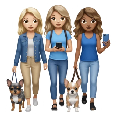 Three women in summer clothes holding iPhone, hazel eyed light skin with dark blonde long hair and light skin hazel eyed brown long wavy hair, blue eyed light skin long blonde hair walking 2 dogs,blue and gray spotted Merle Frenchie, black and tan chihuahua  sticker