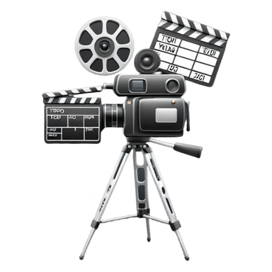 video camera on tripod with film clapperboard, energetic and modern, shooting sticker