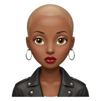 Gorgeous woman shiny , shaved her head black hair no eyebrows leather jacket Alluring black woman wide nose bald head big glossy lips sticker