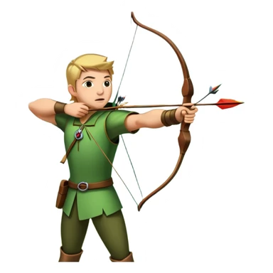 A skilled archer, resembling Robin Hood, drawing a bow and releasing an arrow towards a target. The scene captures the perfect moment of release, with the bowstring taut and the arrow flying toward the bullseye, set in a forest or archery range background. sticker