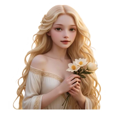 Cinematic Realistic Rapunzel Portrait, with porcelain-like skin featuring a subtle, natural glow, illuminated by soft lighting that brings out the gentle contours of her face. Her long, golden blonde hair cascades in detailed waves, each strand highlighted with a radiant shimmer as it catches the light. She playfully holds a flower in one hand, her other hand resting casually in her lap, with a warm and spirited expression. Her bright, expressive green eyes exude curiosity and warmth, framed by delicate lashes and soft, arched brows. She is dressed in her classic lavender and pink gown, the fabric textured with delicate folds that flow naturally, catching the light with a soft, radiant glow. The portrait captures a luminous, enchanting aura, seamlessly blending realism with a whimsical, fairytale charm, evoking a timeless sense of beauty and magic. sticker