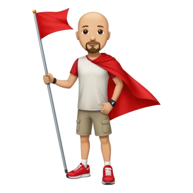 Bald man in sneakers with a goatee holding a red flag sticker