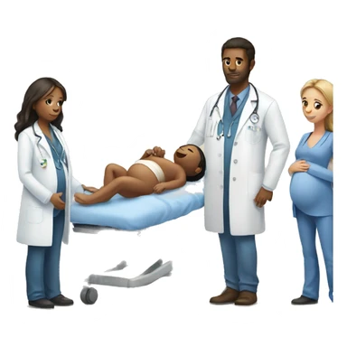 a pregnant woman gives birth and doctors stand nearby sticker