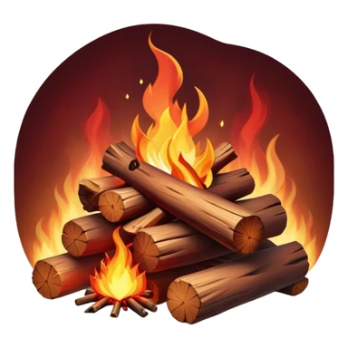 Cinematic Realistic Campfire, a roaring flame crackling atop carefully arranged logs, embers glowing deep red, golden light casting soft flickering shadows, gentle smoke drifting upwards, glowing with warmth and coziness. sticker