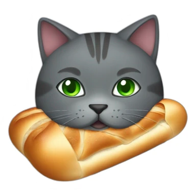happy dark grey fat cat with green eyes and short tail eating a baguette sticker