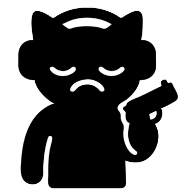 tired sad cat with a gun in hand and headphones, solid filled icon sticker