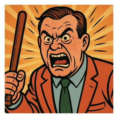 a furious dad with a baton, exaggerated angry expression, comic book style, bold lines, vibrant colors sticker