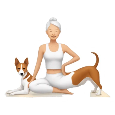 older woman doing yoga with basenji dog sticker