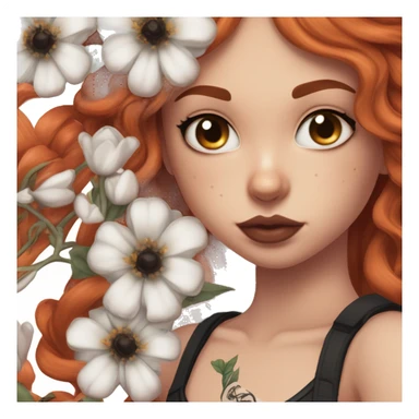 girl with fair skin, small nose, orangey red shoulder-length hair, large brown eyes, full lips, septum ring and large black and white chest tattoo of anatomical heart with flower bunches near the shoulders sticker