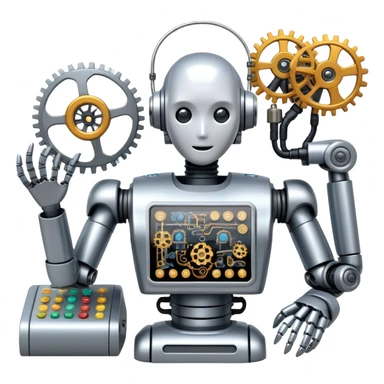 An icon featuring a humanoid robot assembling parts with robotic arms, surrounded by gears, circuit boards, and sensors, symbolizing robotics. The design includes a control panel and AI interface, representing automation, engineering, and innovation. Transparent background. sticker