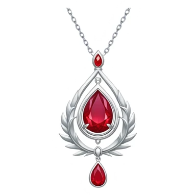 cosmic phoenix talisman: teardrop ruby radiating rebirth energy, ember edges, silver chain floating sticker