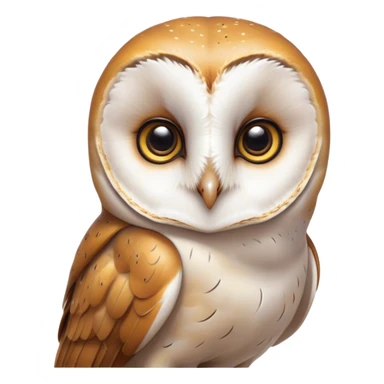 Cinematic Cute Barn Owl Portrait Emoji, Head tilted playfully and inquisitively, featuring a softly mottled Fur of white and brown with delicate feather patterns, round, sparkling amber eyes filled with curious wonder, Simplified yet irresistibly adorable features, highly detailed, glowing with a warm, friendly glow, high shine, affectionate and gentle, stylized with a touch of barnyard whimsy, bright and endearing, soft glowing outline, capturing the essence of a mischievous yet loving owl, so playful it feels like it could swoop out of the screen and into your arms! sticker