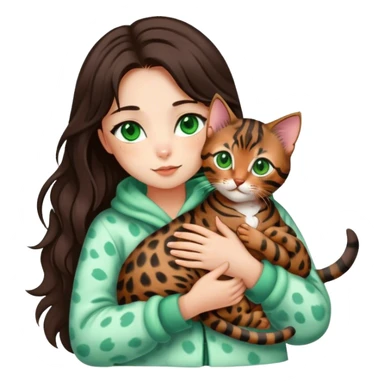 girl with green eyes and long brown hair holds a bengal kitten in her arms sticker
